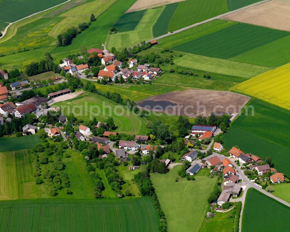 Dürnau from the bird's eye view: Agricultural land and field boundaries surround the settlement area of the village in Dürnau in the state Baden-Wuerttemberg, Germany