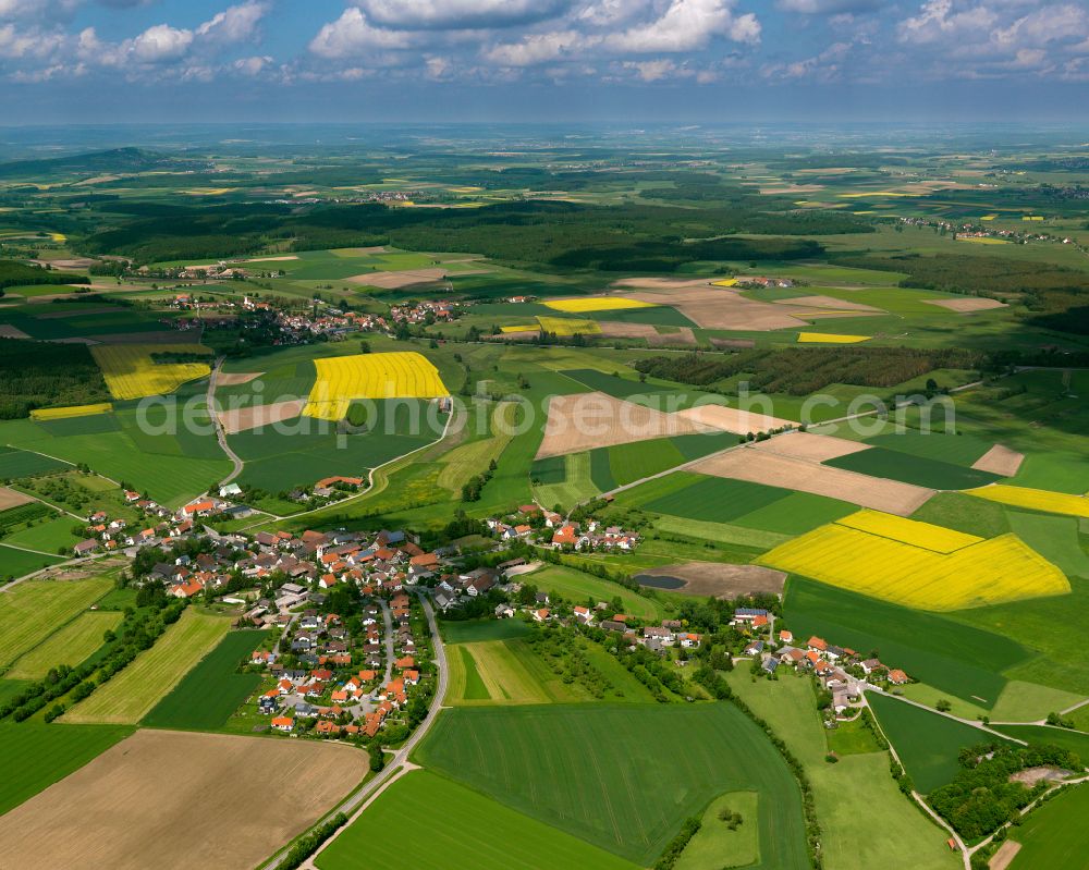 Aerial image Dürnau - Agricultural land and field boundaries surround the settlement area of the village in Dürnau in the state Baden-Wuerttemberg, Germany