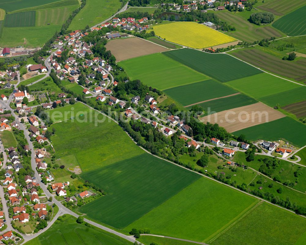 Dürnau from above - Agricultural land and field boundaries surround the settlement area of the village in Dürnau in the state Baden-Wuerttemberg, Germany