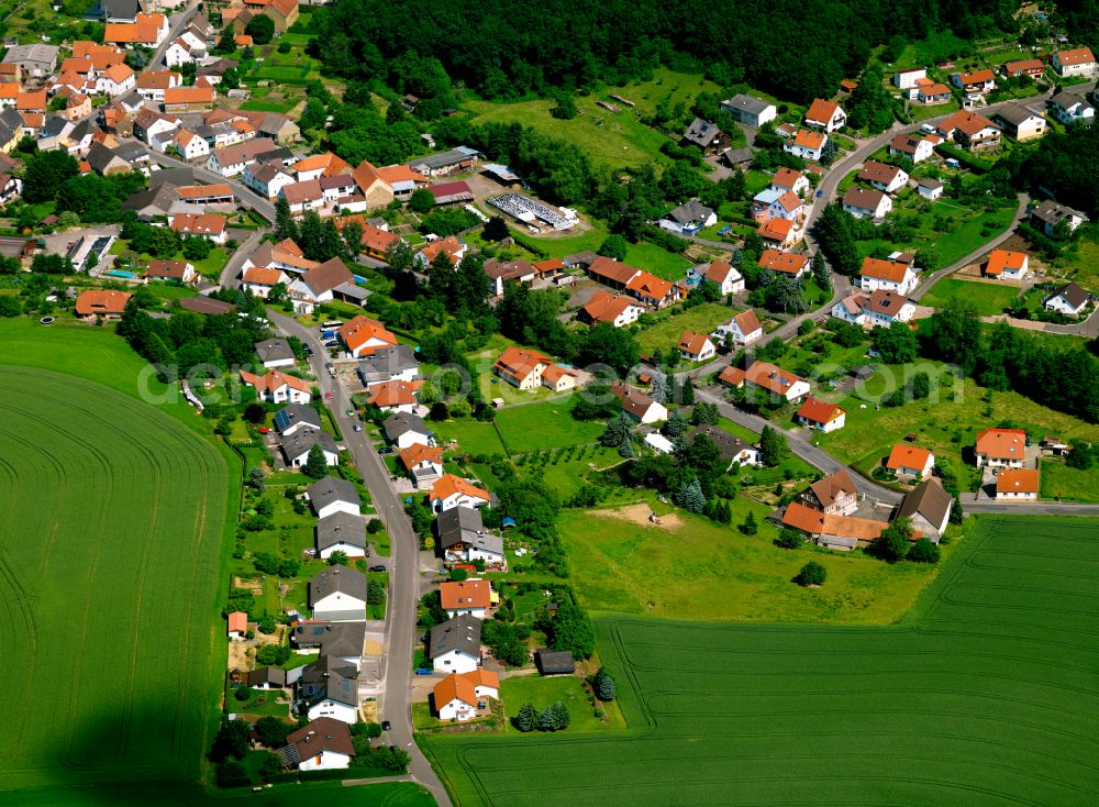 Dörnbach from above - Agricultural land and field boundaries surround the settlement area of the village in Dörnbach in the state Rhineland-Palatinate, Germany