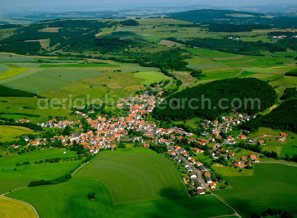 Dörnbach from the bird's eye view: Agricultural land and field boundaries surround the settlement area of the village in Dörnbach in the state Rhineland-Palatinate, Germany