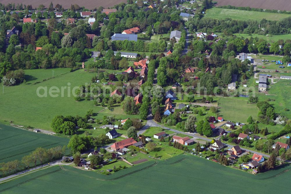 Drönnewitz from above - Agricultural land and field boundaries surround the settlement area of the village in Drönnewitz in the state Mecklenburg - Western Pomerania, Germany