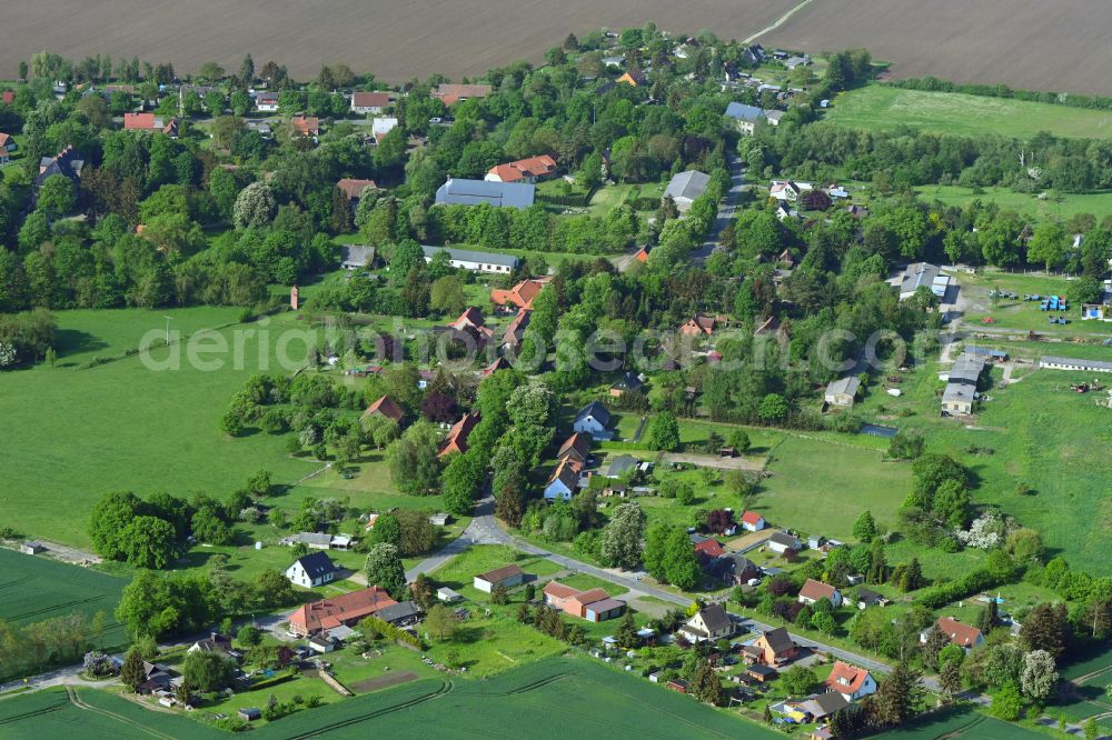 Drönnewitz from the bird's eye view: Agricultural land and field boundaries surround the settlement area of the village in Drönnewitz in the state Mecklenburg - Western Pomerania, Germany