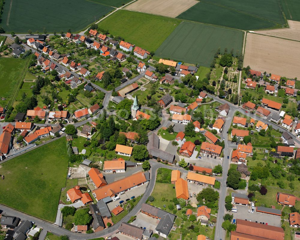 Dörnten from the bird's eye view: Agricultural land and field boundaries surround the settlement area of the village in Dörnten in the state Lower Saxony, Germany