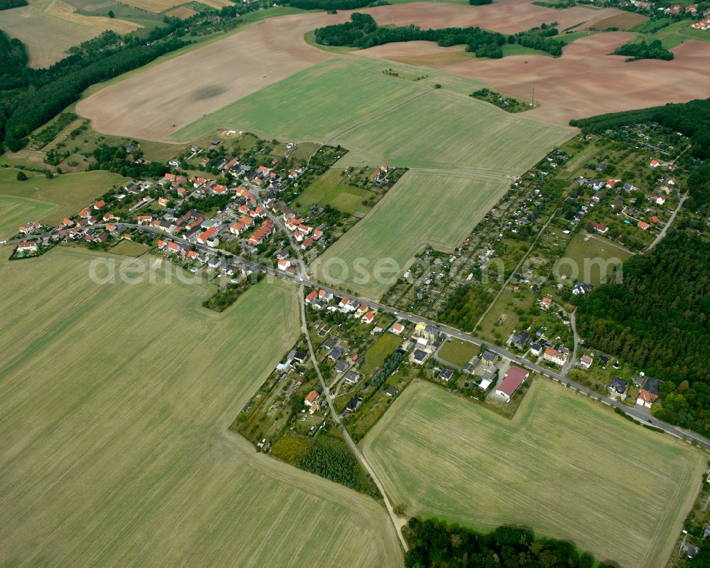 Dürrenebersdorf from the bird's eye view: Agricultural land and field boundaries surround the settlement area of the village in Dürrenebersdorf in the state Thuringia, Germany