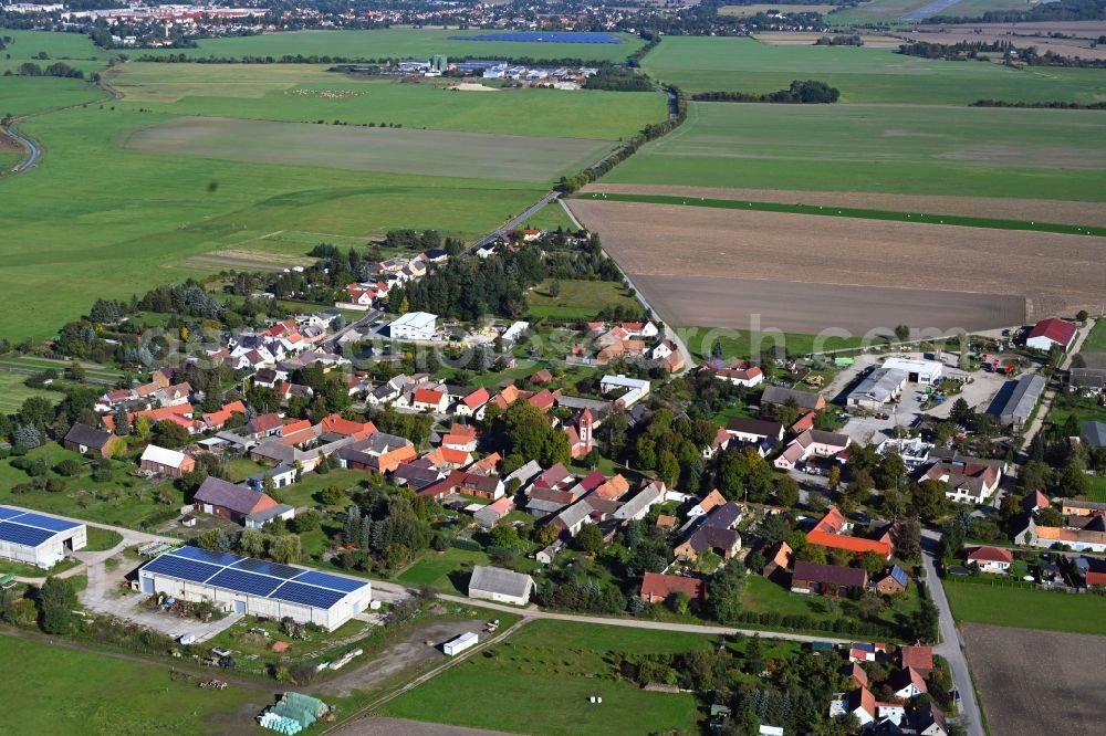 Aerial photograph Drößig - Agricultural land and field boundaries surround the settlement area of the village in Droessig in the state Brandenburg, Germany