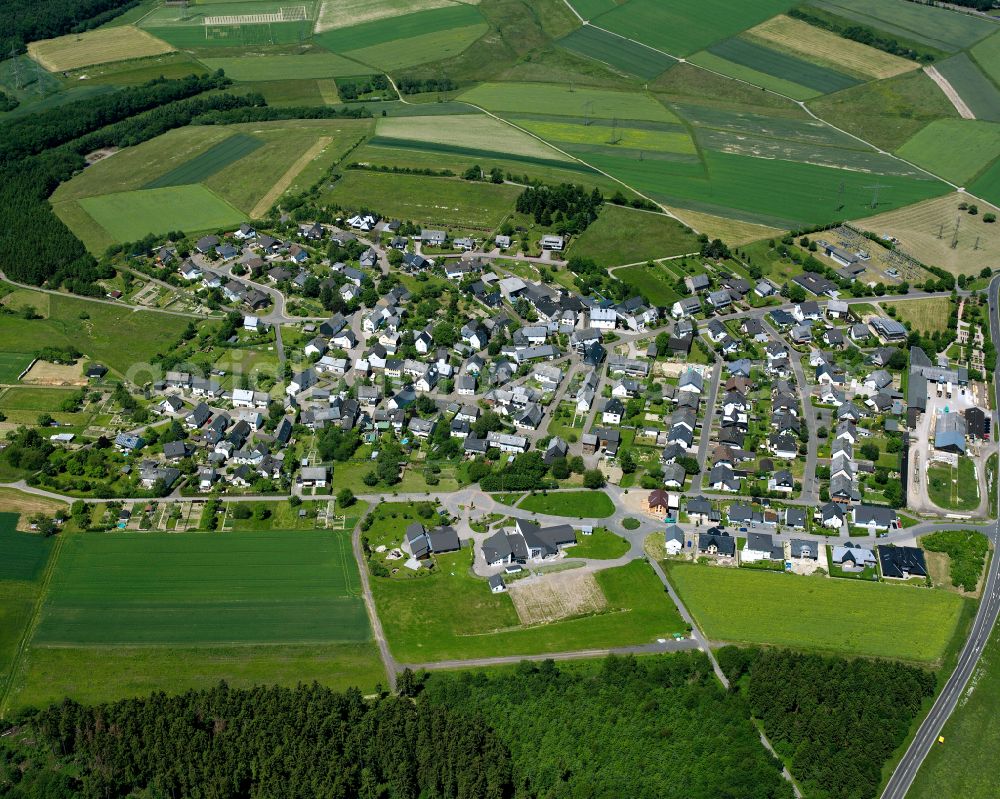 Aerial photograph Dörth - Agricultural land and field boundaries surround the settlement area of the village in Dörth in the state Rhineland-Palatinate, Germany