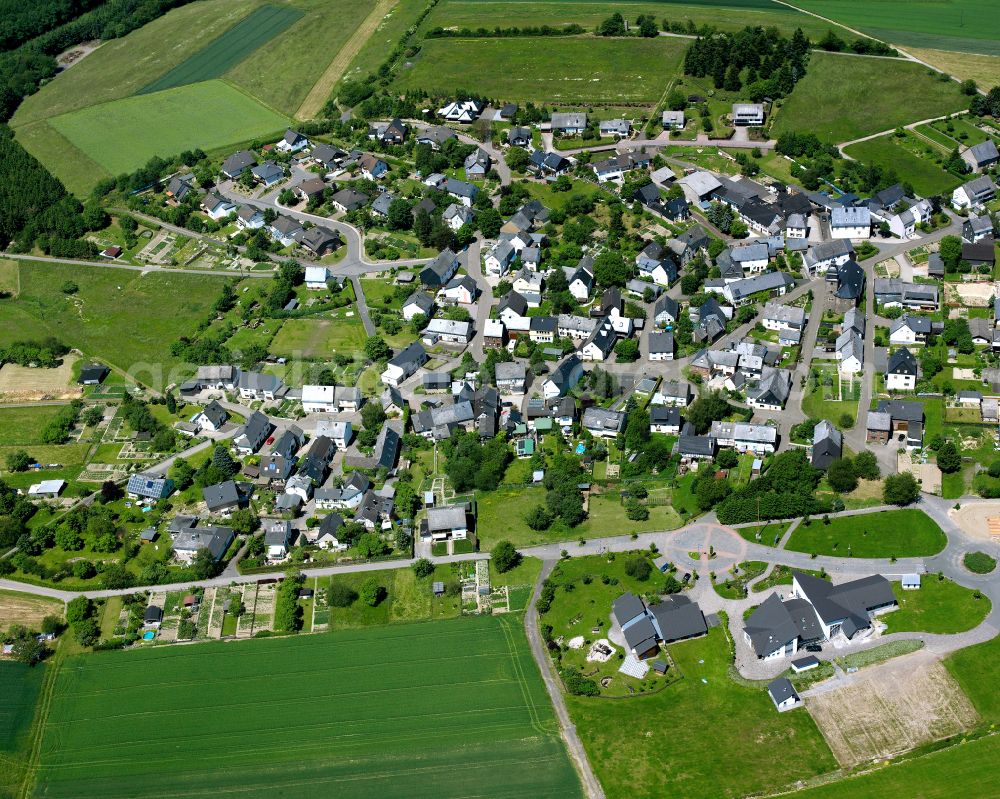 Dörth from the bird's eye view: Agricultural land and field boundaries surround the settlement area of the village in Dörth in the state Rhineland-Palatinate, Germany