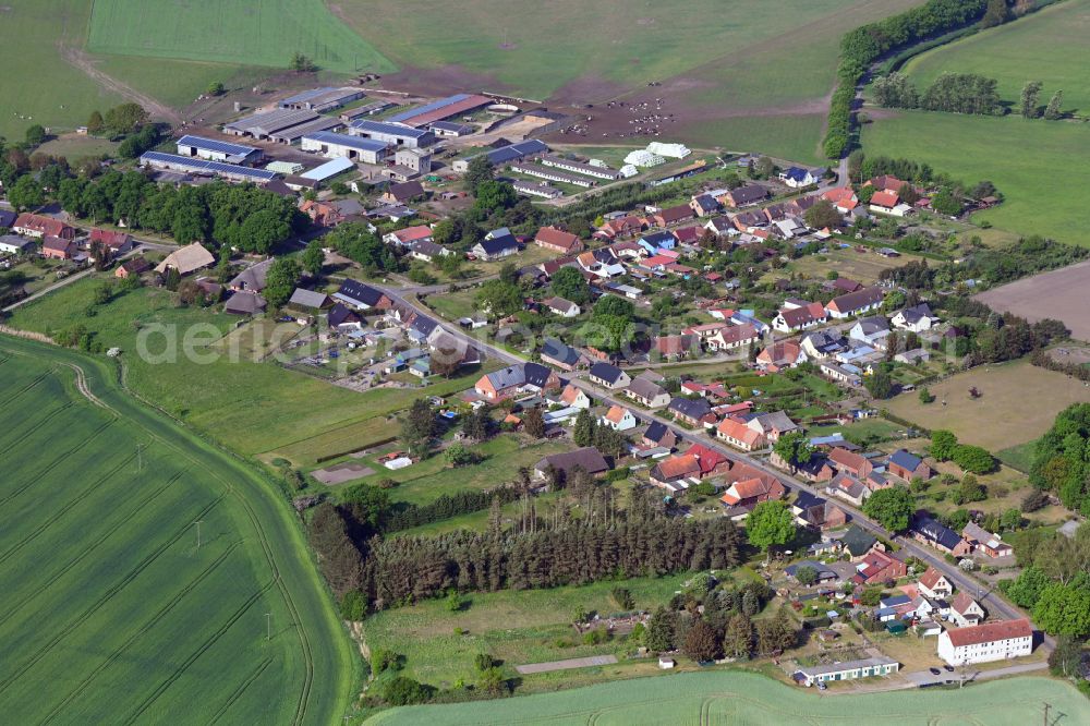 Dütschow from above - Agricultural land and field boundaries surround the settlement area of the village in Dütschow in the state Mecklenburg - Western Pomerania, Germany