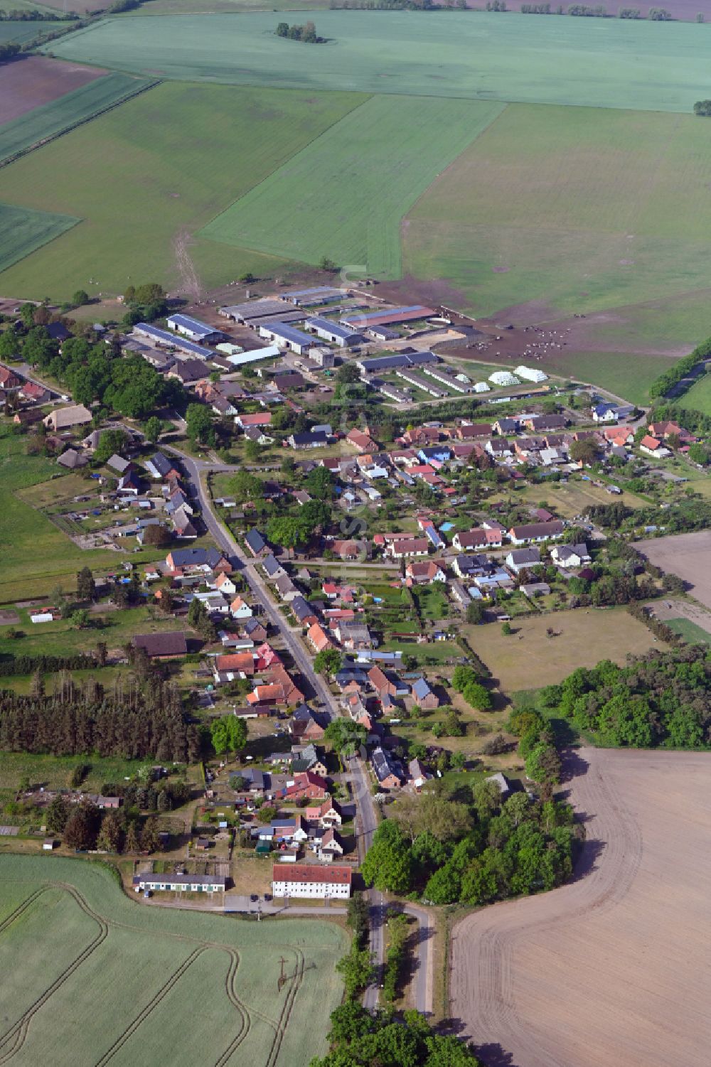 Aerial image Dütschow - Agricultural land and field boundaries surround the settlement area of the village in Dütschow in the state Mecklenburg - Western Pomerania, Germany