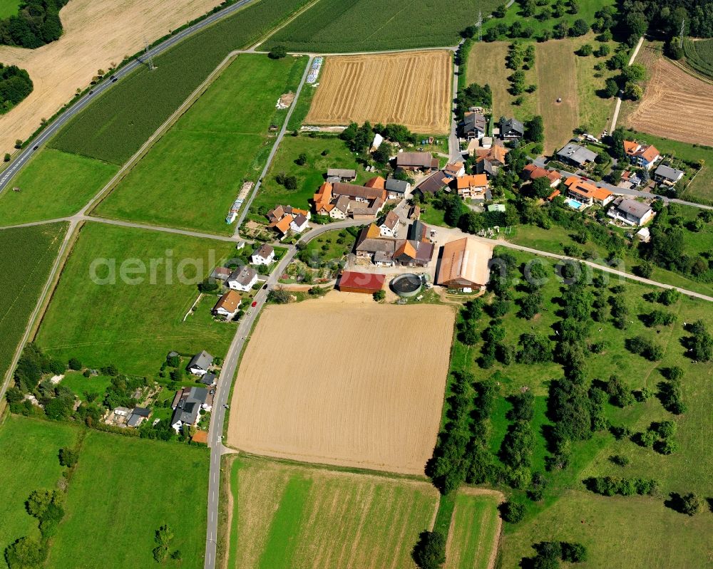 Aerial photograph Dusenbach - Agricultural land and field boundaries surround the settlement area of the village in Dusenbach in the state Hesse, Germany