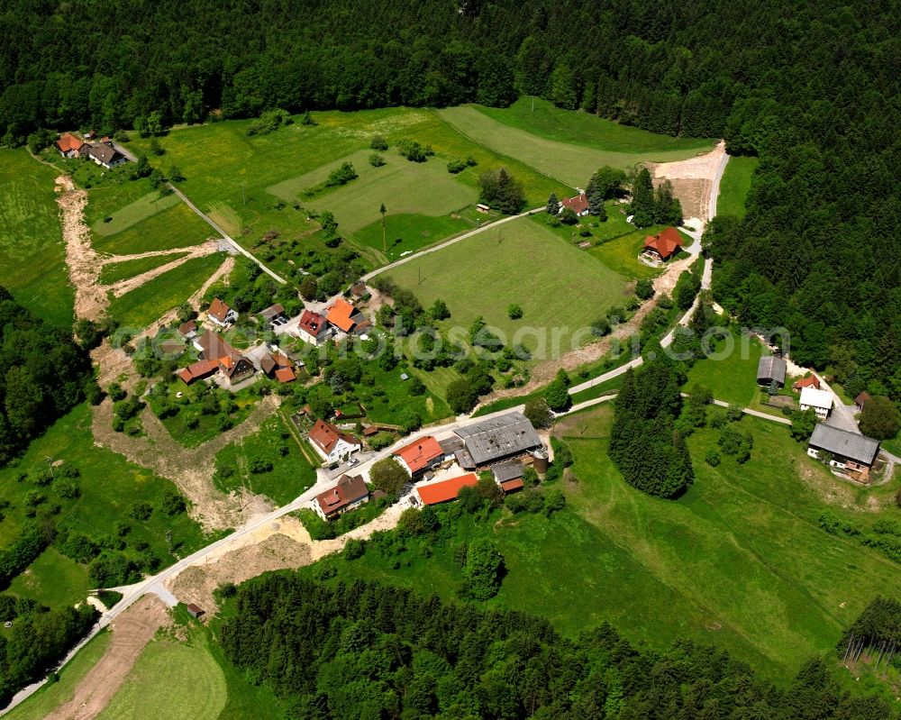 Aerial image Ebersberg - Agricultural land and field boundaries surround the settlement area of the village in Ebersberg in the state Baden-Wuerttemberg, Germany