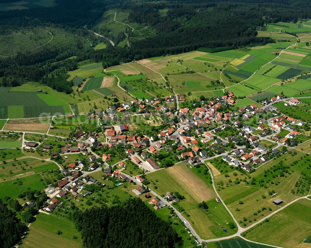 Ebershardt from above - Agricultural land and field boundaries surround the settlement area of the village in Ebershardt in the state Baden-Wuerttemberg, Germany