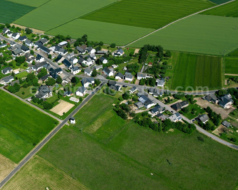 Ebschied from the bird's eye view: Agricultural land and field boundaries surround the settlement area of the village in Ebschied in the state Rhineland-Palatinate, Germany