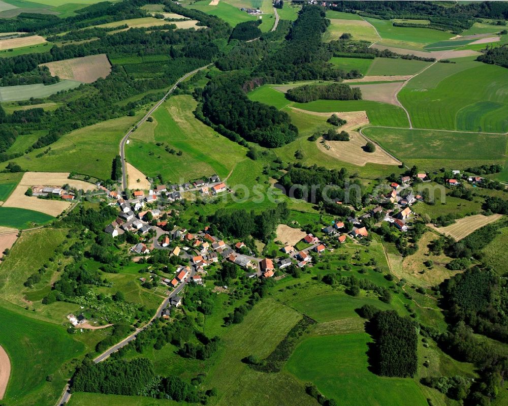 Eckersweiler from above - Agricultural land and field boundaries surround the settlement area of the village in Eckersweiler in the state Rhineland-Palatinate, Germany