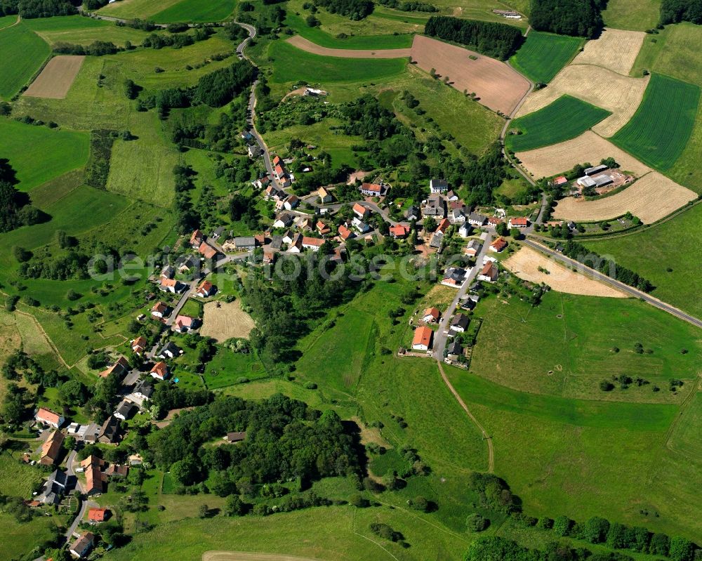 Eckersweiler from above - Agricultural land and field boundaries surround the settlement area of the village in Eckersweiler in the state Rhineland-Palatinate, Germany