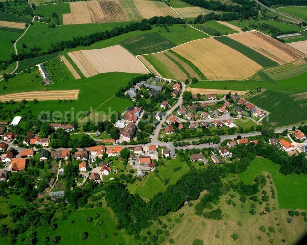 Eckwälden from the bird's eye view: Agricultural land and field boundaries surround the settlement area of the village in Eckwälden in the state Baden-Wuerttemberg, Germany