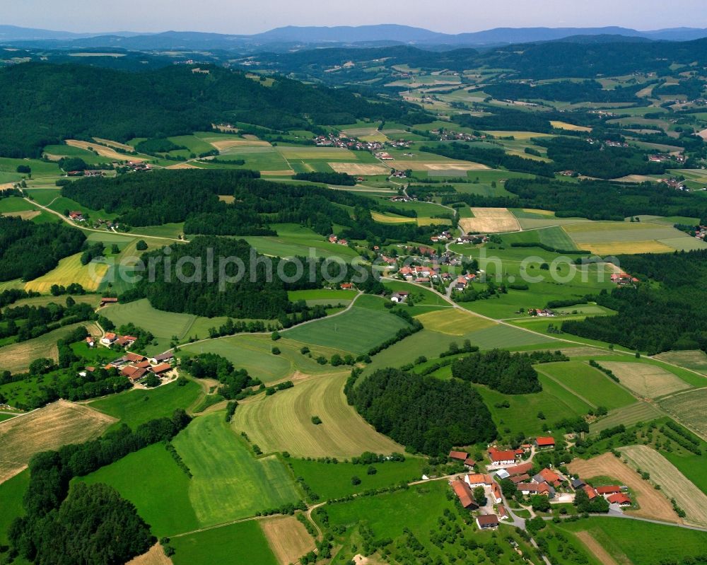 Edt from the bird's eye view: Agricultural land and field boundaries surround the settlement area of the village in Edt in the state Bavaria, Germany