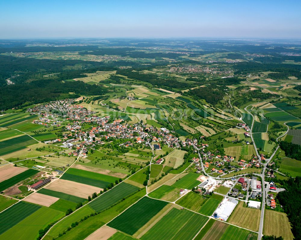 Aerial image Egenhausen - Agricultural land and field boundaries surround the settlement area of the village in Egenhausen in the state Baden-Wuerttemberg, Germany