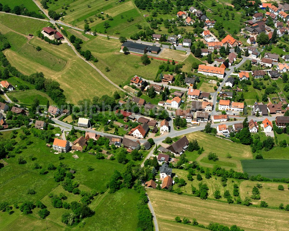 Egenhausen from above - Agricultural land and field boundaries surround the settlement area of the village in Egenhausen in the state Baden-Wuerttemberg, Germany