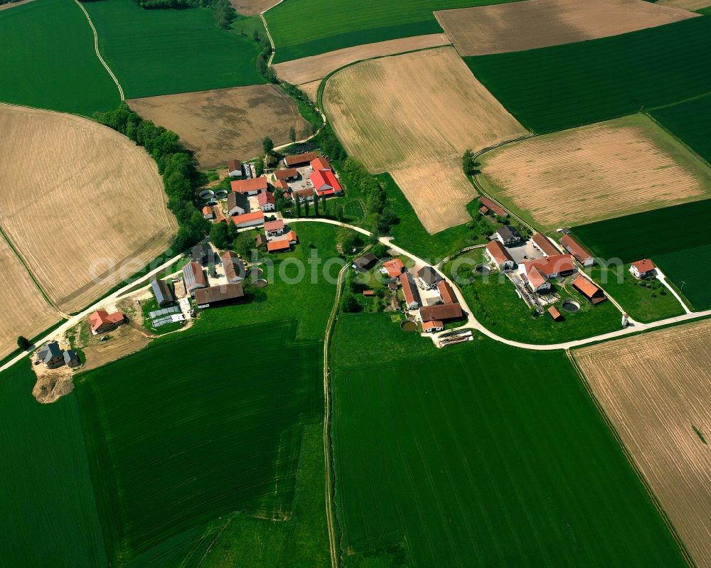 Aerial image Eggersdorf - Agricultural land and field boundaries surround the settlement area of the village in Eggersdorf in the state Bavaria, Germany