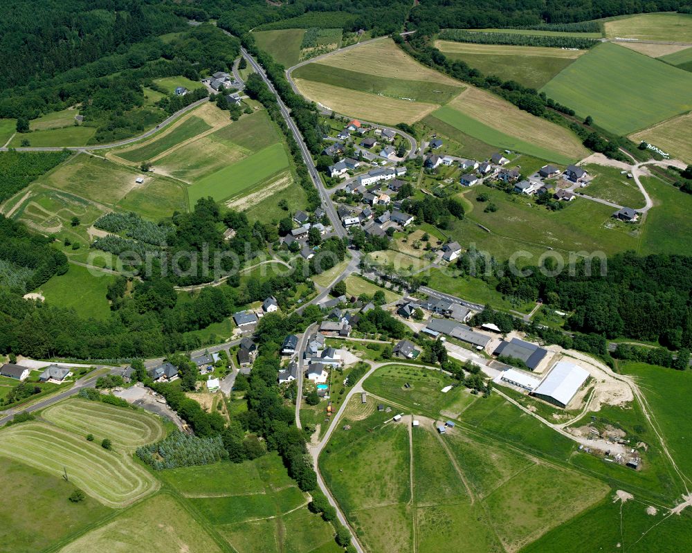 Ehr from above - Agricultural land and field boundaries surround the settlement area of the village in Ehr in the state Rhineland-Palatinate, Germany