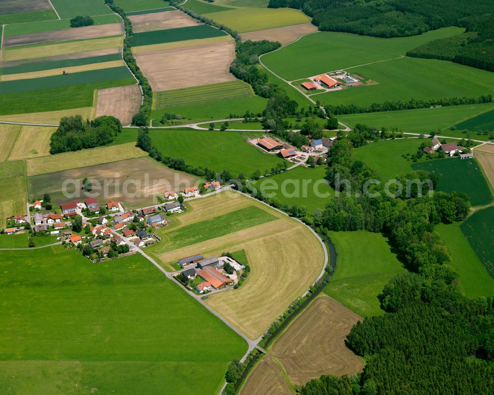 Aerial image Eichenberg - Agricultural land and field boundaries surround the settlement area of the village in Eichenberg in the state Baden-Wuerttemberg, Germany