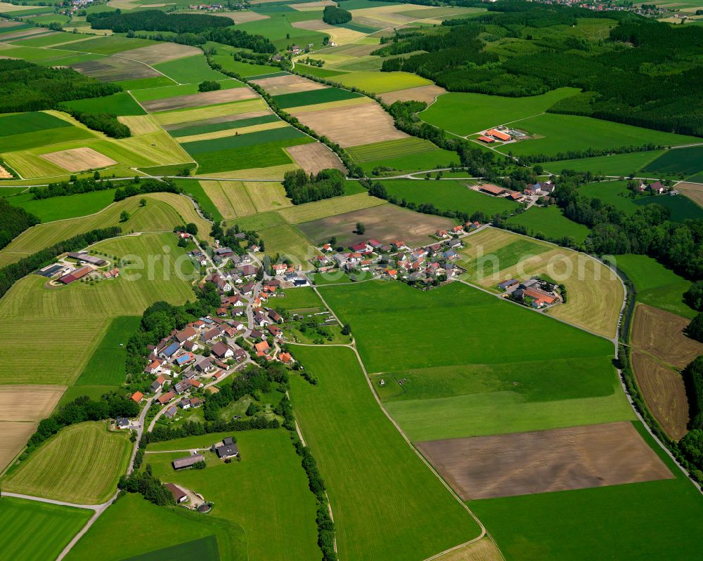 Eichenberg from above - Agricultural land and field boundaries surround the settlement area of the village in Eichenberg in the state Baden-Wuerttemberg, Germany