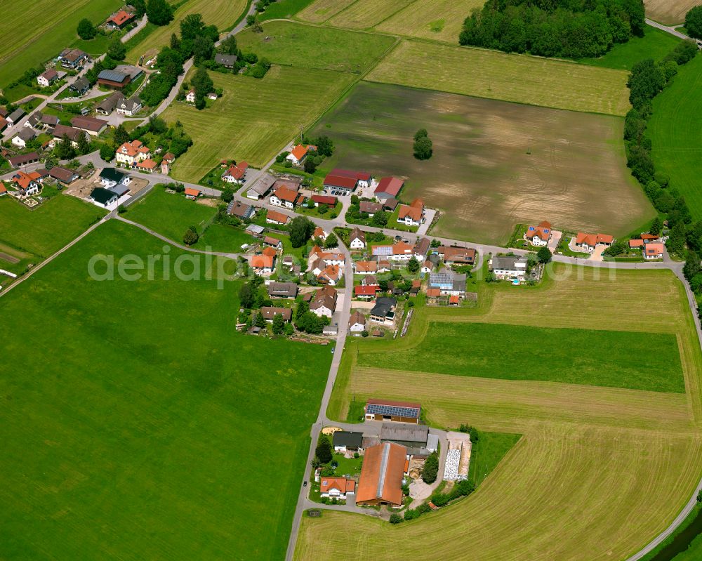 Aerial image Eichenberg - Agricultural land and field boundaries surround the settlement area of the village in Eichenberg in the state Baden-Wuerttemberg, Germany