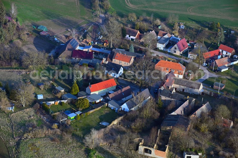 Elbitz from the bird's eye view: Agricultural land and field boundaries surround the settlement area of the village in Elbitz in the state Saxony-Anhalt, Germany