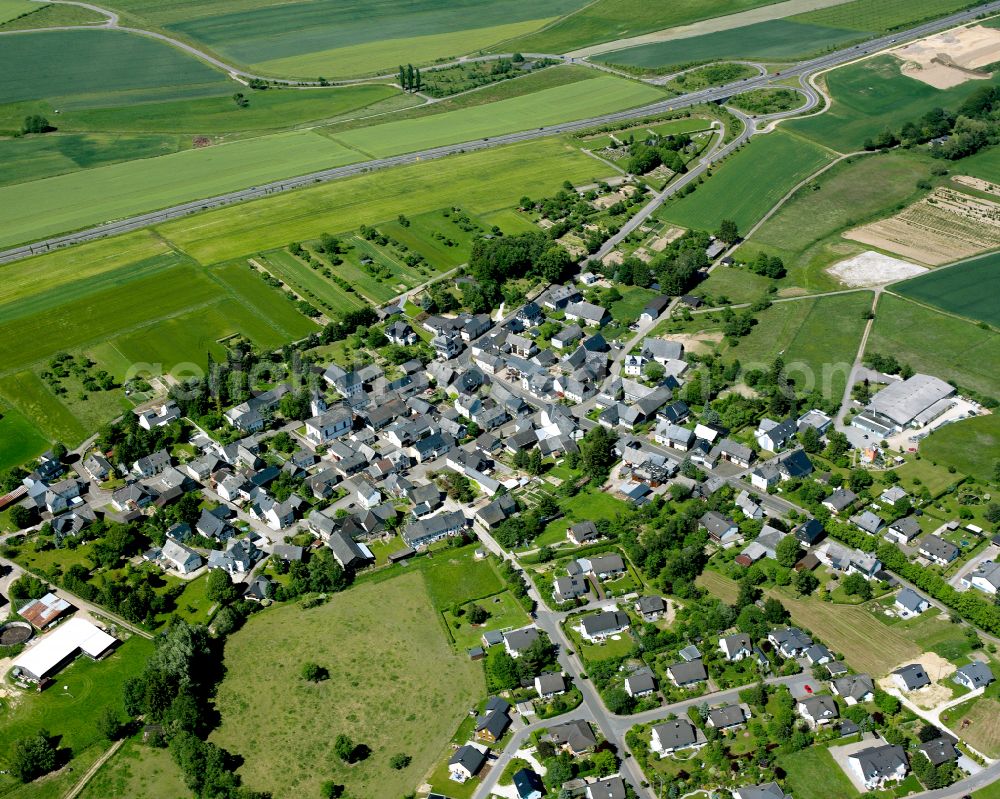 Aerial image Ellern (Hunsrück) - Agricultural land and field boundaries surround the settlement area of the village in Ellern (Hunsrück) in the state Rhineland-Palatinate, Germany