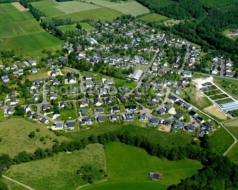 Ellern (Hunsrück) from the bird's eye view: Agricultural land and field boundaries surround the settlement area of the village in Ellern (Hunsrück) in the state Rhineland-Palatinate, Germany