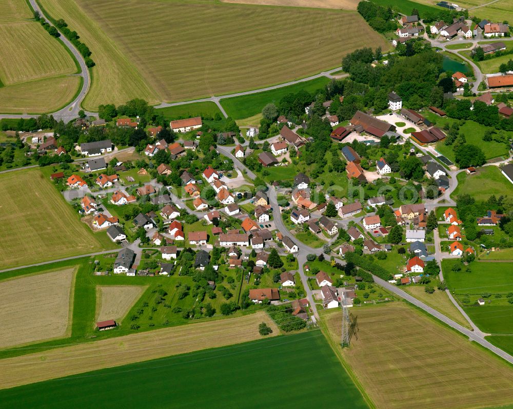 Aerial image Ellmannsweiler - Agricultural land and field boundaries surround the settlement area of the village in Ellmannsweiler in the state Baden-Wuerttemberg, Germany