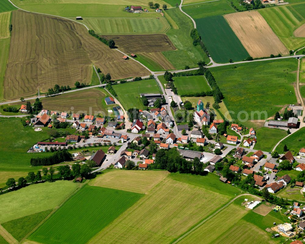 Aerial photograph Ellwangen - Agricultural land and field boundaries surround the settlement area of the village in Ellwangen in the state Baden-Wuerttemberg, Germany