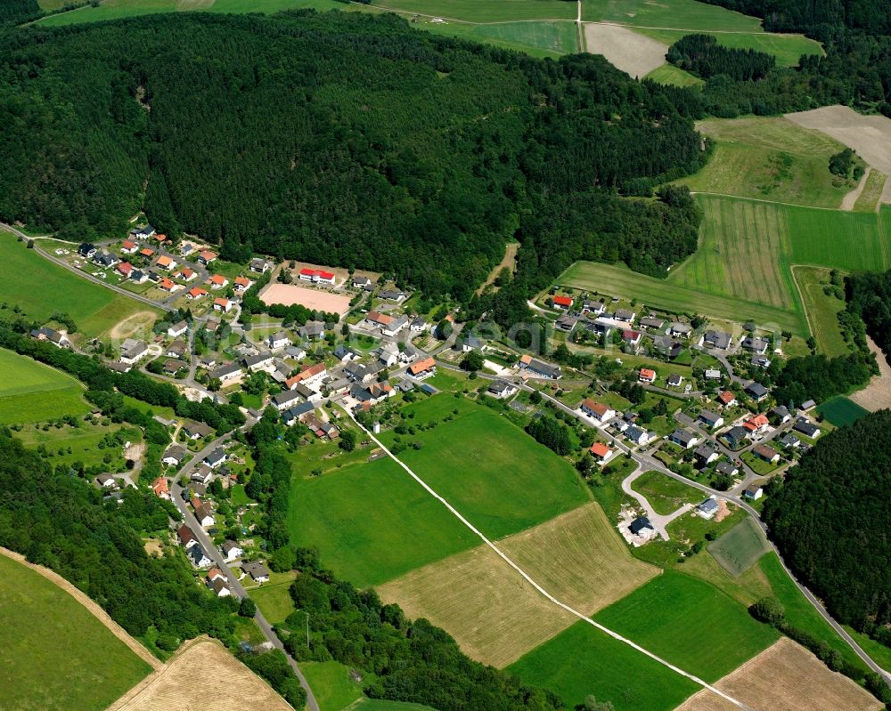 Ellweiler from the bird's eye view: Agricultural land and field boundaries surround the settlement area of the village in Ellweiler in the state Rhineland-Palatinate, Germany