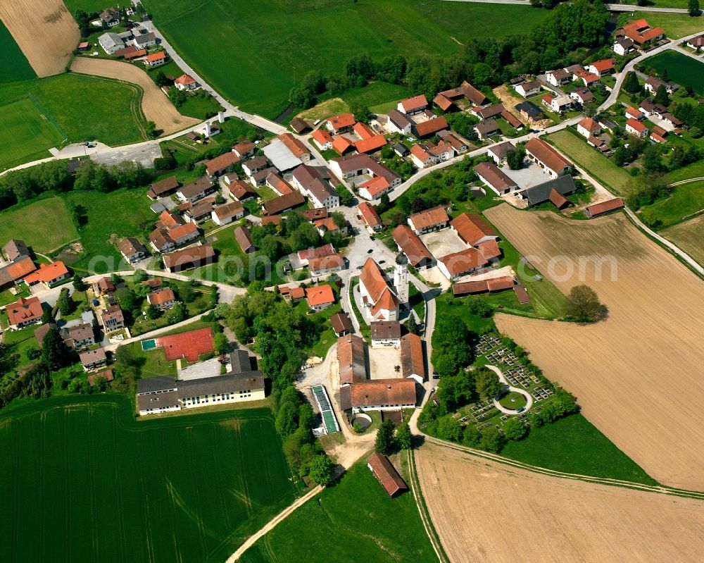 Aerial image Emmersdorf - Agricultural land and field boundaries surround the settlement area of the village in Emmersdorf in the state Bavaria, Germany