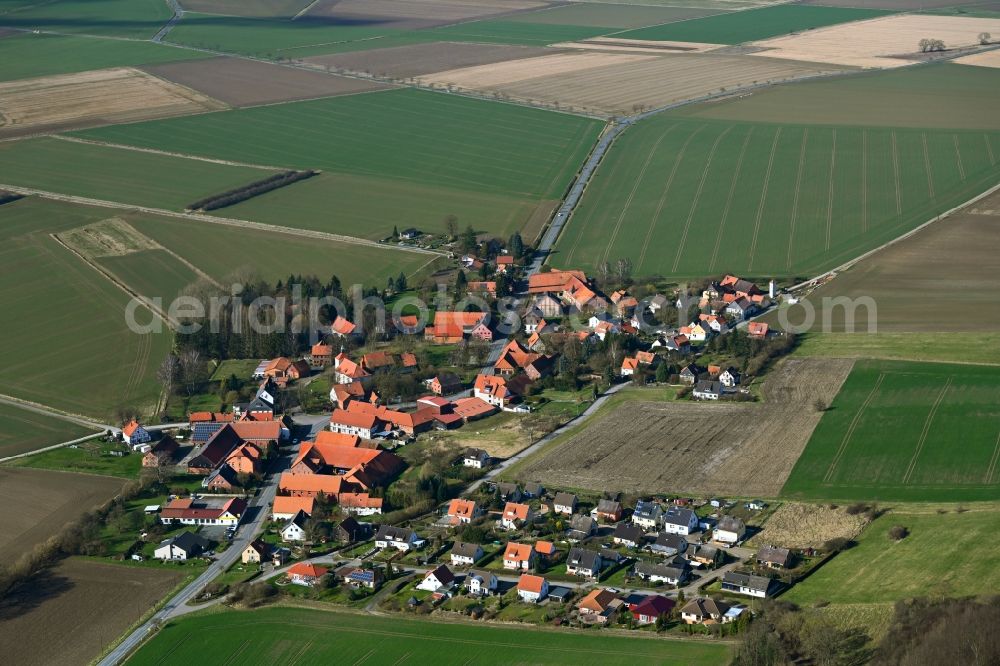 Aerial image Hoyershausen - Agricultural land and field boundaries surround the settlement area of the village along the Langestrasse in Hoyershausen in the state Lower Saxony, Germany