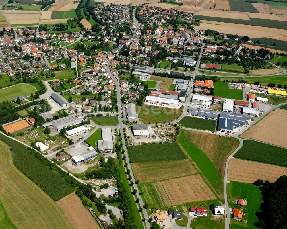 Enzkofen from above - Agricultural land and field boundaries surround the settlement area of the village in Enzkofen in the state Baden-Wuerttemberg, Germany