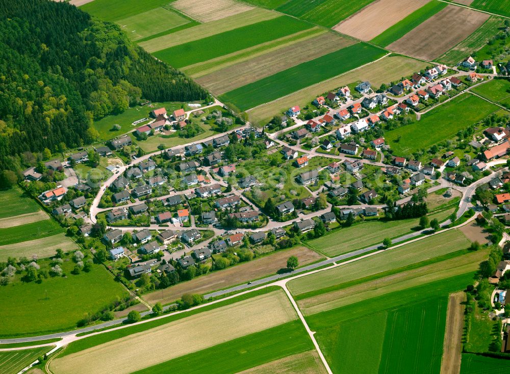 Erbach from above - Agricultural land and field boundaries surround the settlement area of the village in Erbach in the state Baden-Wuerttemberg, Germany