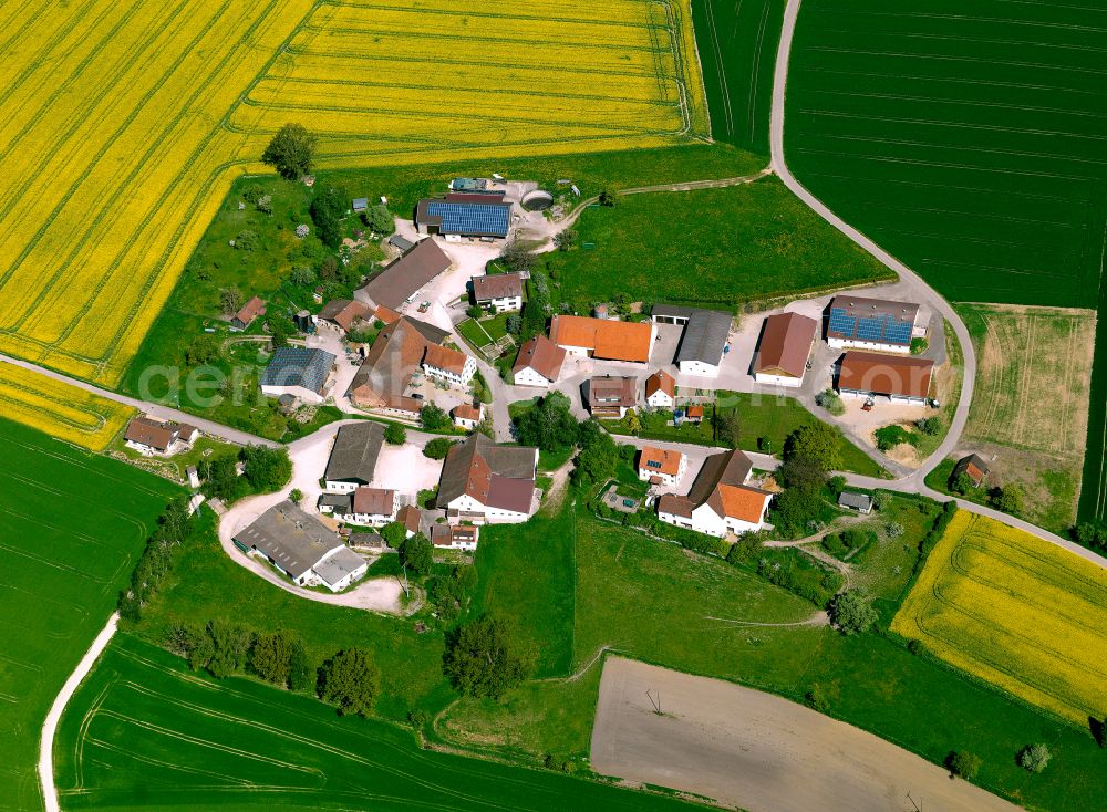 Aerial photograph Erbach - Agricultural land and field boundaries surround the settlement area of the village in Erbach in the state Baden-Wuerttemberg, Germany