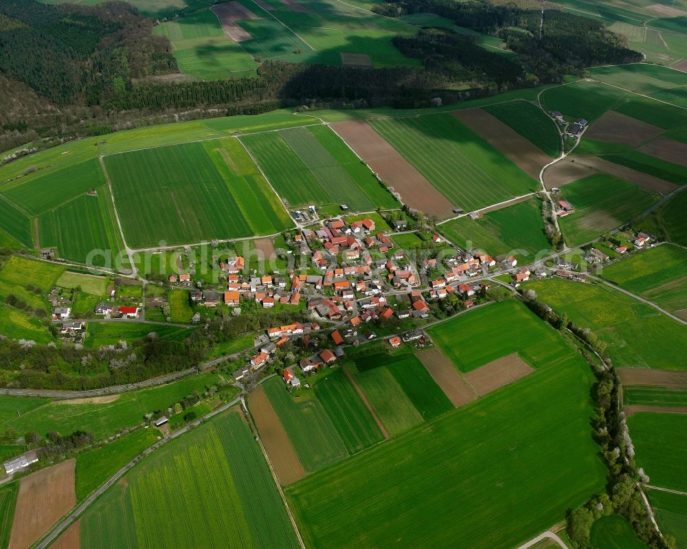 Aerial photograph Erdmannrode - Agricultural land and field boundaries surround the settlement area of the village in Erdmannrode in the state Hesse, Germany