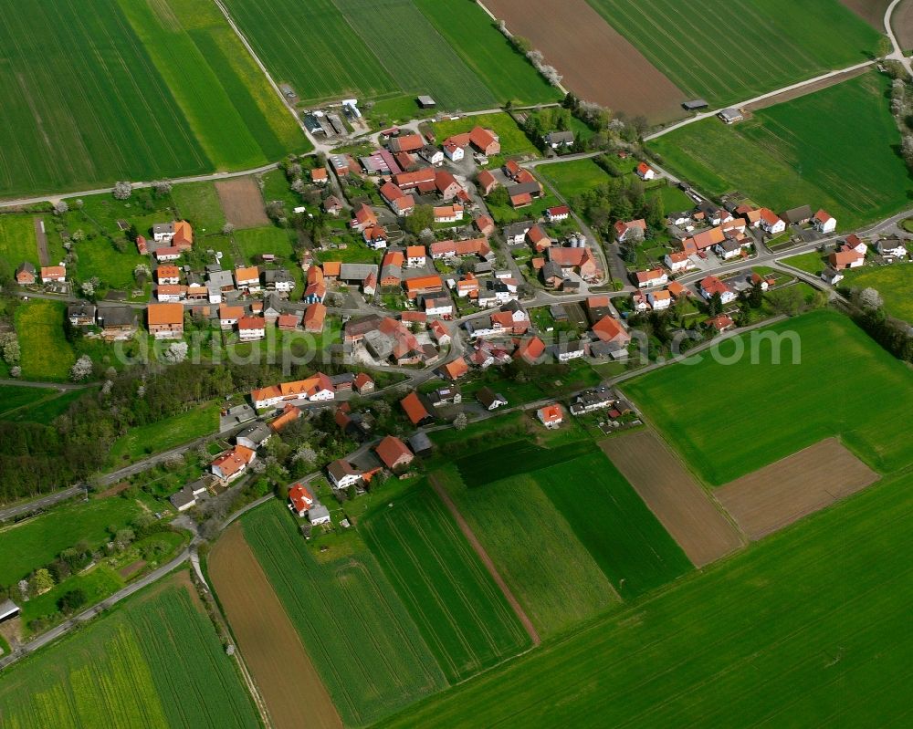 Aerial image Erdmannrode - Agricultural land and field boundaries surround the settlement area of the village in Erdmannrode in the state Hesse, Germany