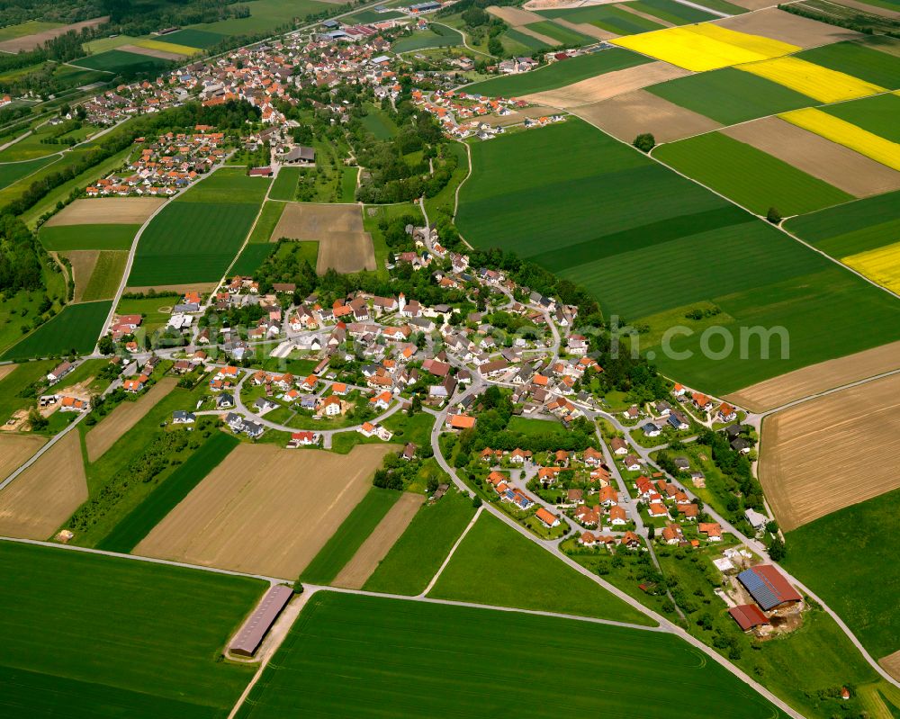 Aerial image Erisdorf - Agricultural land and field boundaries surround the settlement area of the village in Erisdorf in the state Baden-Wuerttemberg, Germany