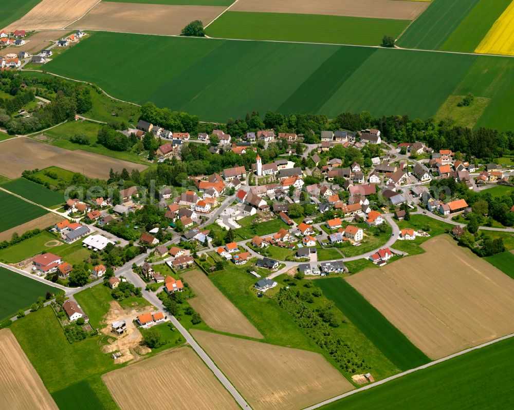 Aerial photograph Erisdorf - Agricultural land and field boundaries surround the settlement area of the village in Erisdorf in the state Baden-Wuerttemberg, Germany