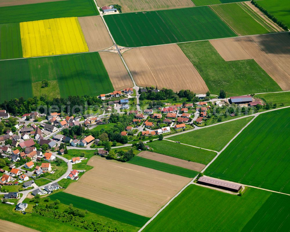 Erisdorf from above - Agricultural land and field boundaries surround the settlement area of the village in Erisdorf in the state Baden-Wuerttemberg, Germany