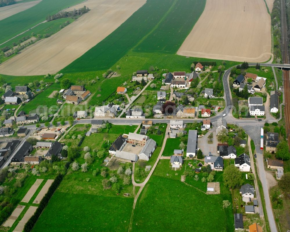 Erlau from the bird's eye view: Agricultural land and field boundaries surround the settlement area of the village in Erlau in the state Saxony, Germany