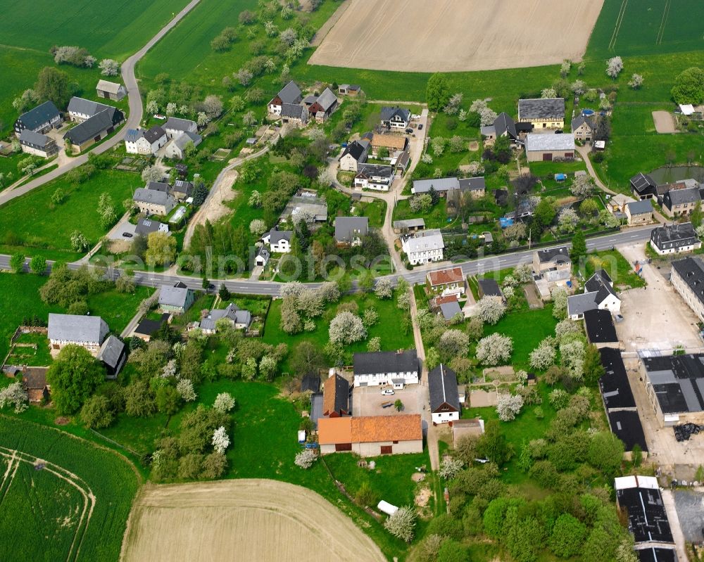 Aerial image Erlau - Agricultural land and field boundaries surround the settlement area of the village in Erlau in the state Saxony, Germany