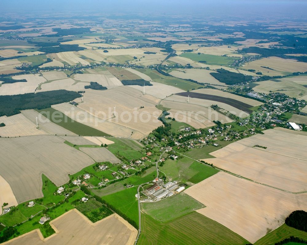 Erlau from the bird's eye view: Agricultural land and field boundaries surround the settlement area of the village in Erlau in the state Saxony, Germany