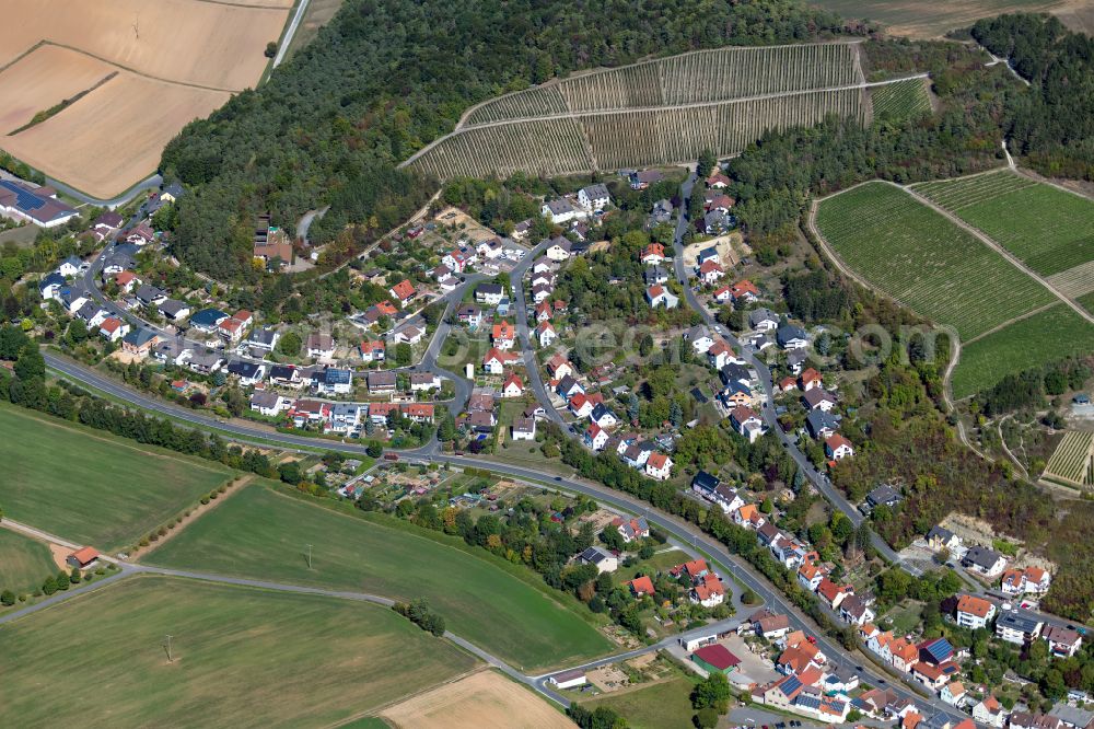 Erlenbach bei Marktheidenfeld from the bird's eye view: Agricultural land and field boundaries surround the settlement area of the village in Erlenbach bei Marktheidenfeld in the state Bavaria, Germany