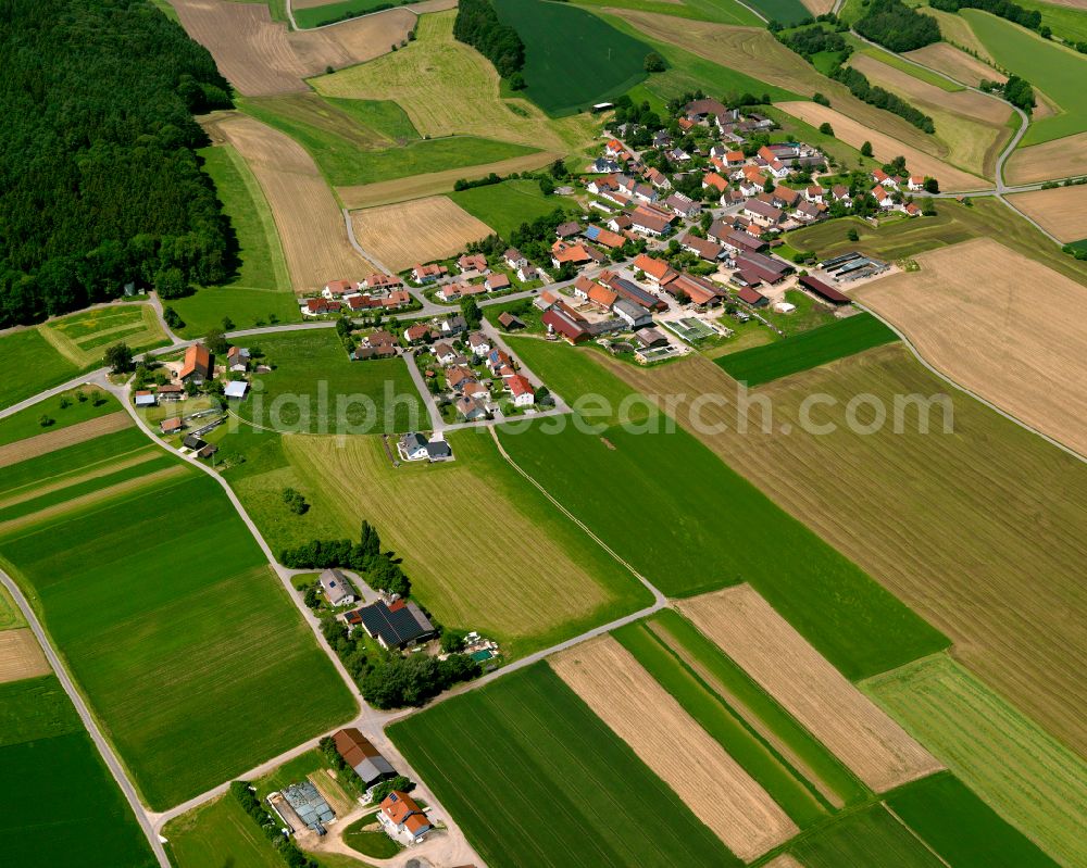 Aerial photograph Erlenmoos - Agricultural land and field boundaries surround the settlement area of the village in Erlenmoos in the state Baden-Wuerttemberg, Germany